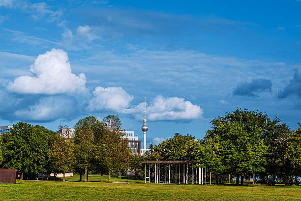 Lush green park in Berlin with trees, urban architecture, and iconic TV tower beneath a blue sky with clouds.
