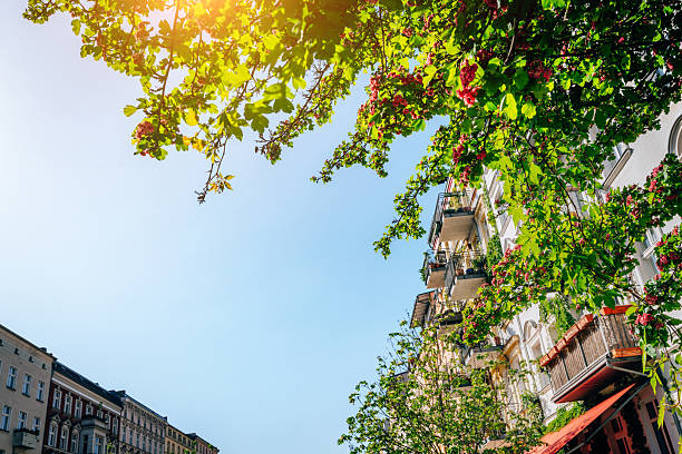Berlin’s vibrant city setting with residential architecture featuring balconies surrounded by lush green foliage and sunlight filtering through blooming trees.