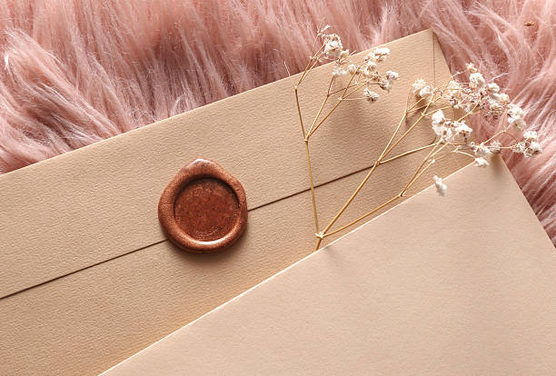 istock Vintage envelope with wax seal and stamp, dry grass on pink fluffy background, Wedding invitation 2235766436