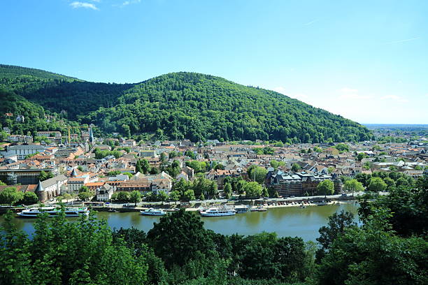 Heidelberg riverside urban view with forested hill. This panoramic photograph presents a vivid view of the town of Heidelberg Germany nestled between the Neckar River and a densely wooded hill The image shows residential and historical buildings with riverboats docked along the calm water surface framed by lush green foliage under a bright summer sky illustrating the balance of architecture nature and transport in a European setting