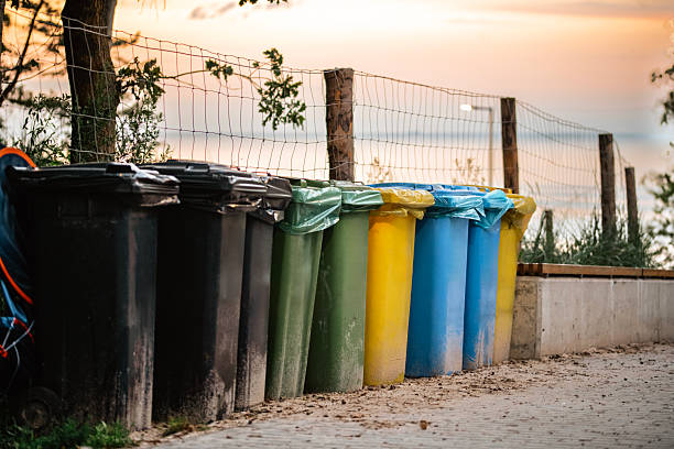 Colorful plastic bins for different waste types . Currently, we segregate garbage, raw materials such as metals and plastics, paper, glass and biodegradable waste and separate them from waste that cannot be recycled. Thanks to this, it is possible to obtain the most valuable raw materials for recycling.