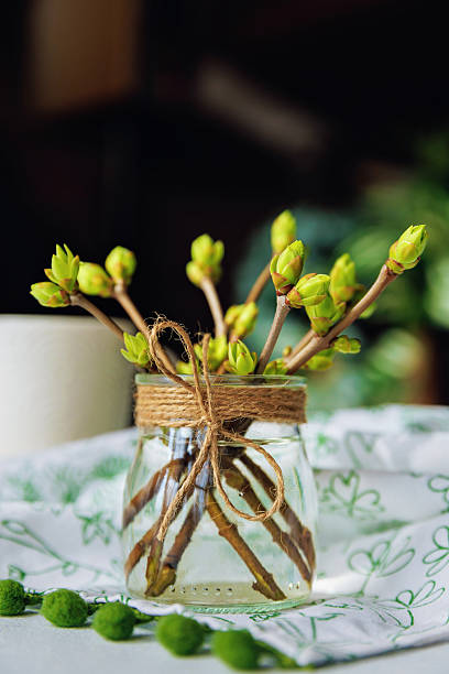istock Spring branches with green buds in glass jar on table 2235770624