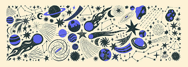Vintage crayon drawn stars, comets, planets and asteroids collection. Childish drawing cosmic illustration. Retro style crayon drawings of night sky or galaxy symbols. Graphic doodle celestial icons.