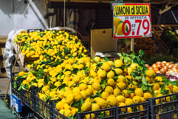 Fresh Sicilian Lemons Displayed at a Local Market in Sicily, Italy