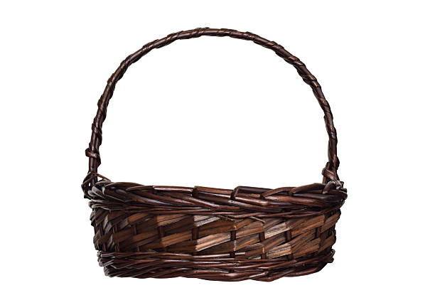 Empty dark brown wicker basket isolated on white background. Rustic woven container for storage, decoration, or craft use