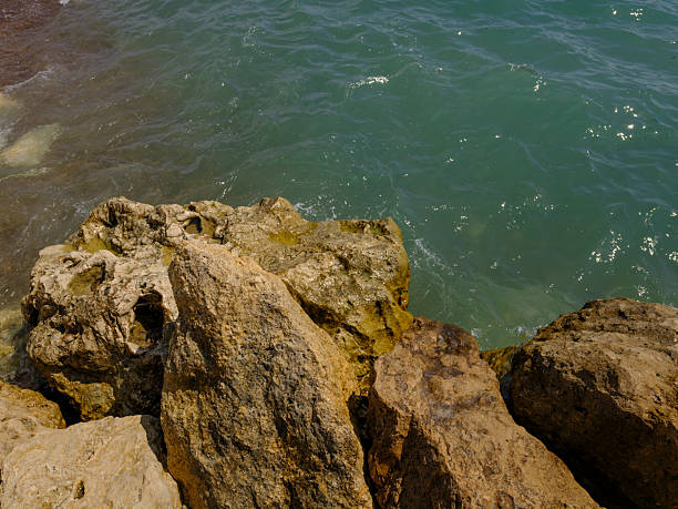 Calm ocean waves by beach rocks