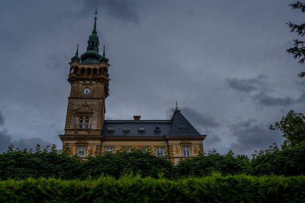 Elegant Neo-Renaissance town hall building with clock tower rising above greenery under a moody sky.