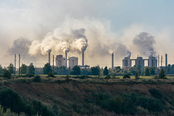 Dolomite processing plant in Belarus with multiple smokestacks emitting thick white smoke, surrounded by green fields and trees under a hazy sky. stock photo