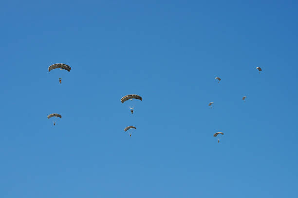 Two skydivers soar under open canopies in a clear blue sky, one image capturing a tandem jump training moment from the ground. The scene conveys adrenaline, freedom, and precision as they prepare for a controlled landing, with a second parachute visible in the distance.