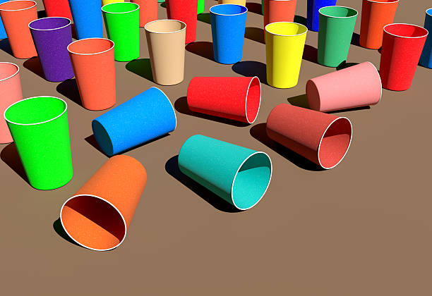 Falling disposable paper cups. Colorful recyclable 3D render