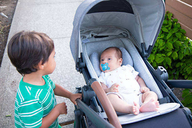 Big brother looking at baby brother in stroller while on a walk. Baby is wearing a pacifier.
