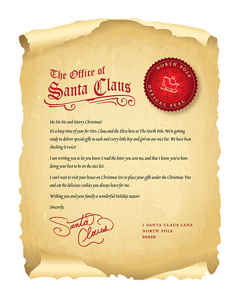 Vector illustration of a Old fashioned scroll paper letter to Santa Claus with letter signature and stamp. Very textured and old looking. Vector eps and high resolution jpg.