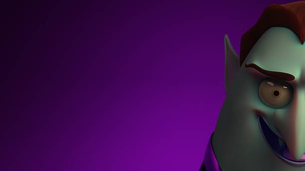 Partial close up of vampire character showing one eye raised eyebrow pointed ear long nose and open mouth with fangs on purple gradient background