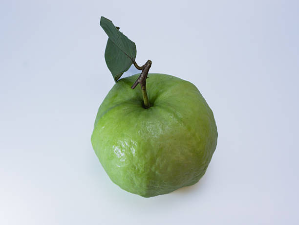 Single fresh guava fruit with stem and leaf placed on a clean white background. Ideal for food, botanical, or tropical-themed design and product use.