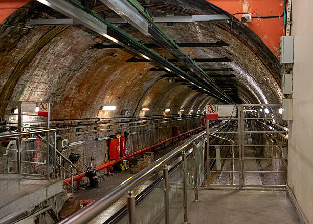 Old empty Istanbul's historic funicular Karakou inclined railway station tunnel