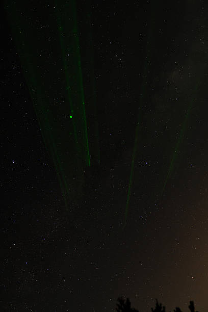 istock Green laser beams slice through starry night sky panorama 2235852176