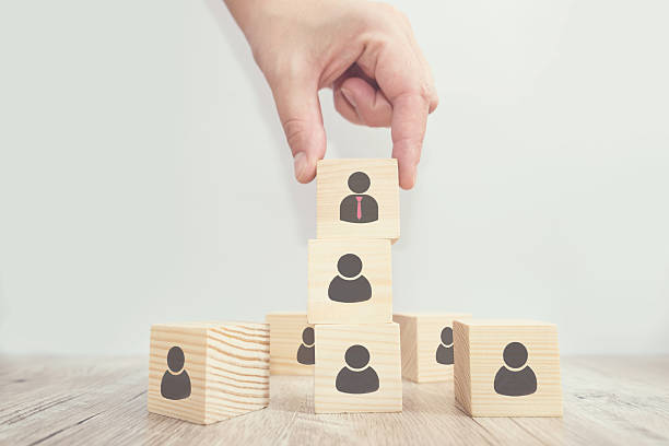 istock Human resources management. Build team concept, Hand putting wooden cube block on top. 2235858654