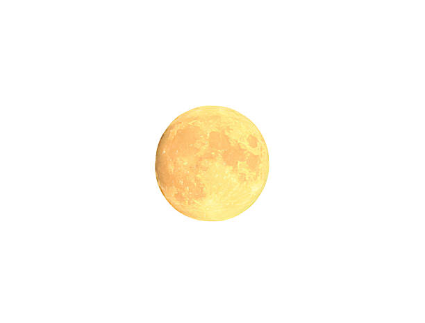 Full moon isolated on white background. Night sky planetary fullmoon cut out icon. Yellow natural glowing orbital planet satellite cutout design element. Big light orange bright glow luna mystery logo