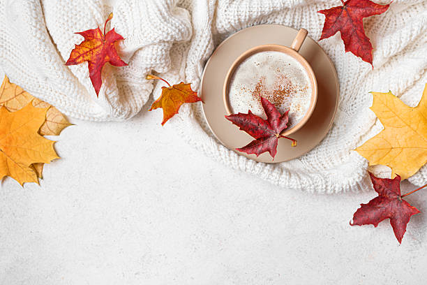 istock Autumn latte coffee with maple leaves and cozy plaid 2235864073