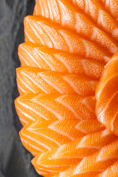 Detailed Close-Up of Beautifully Carved Salmon Slices for Sashimi