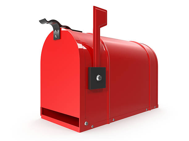 istock Red mailbox with the flag up ready to receive mail on a white background 2235871685