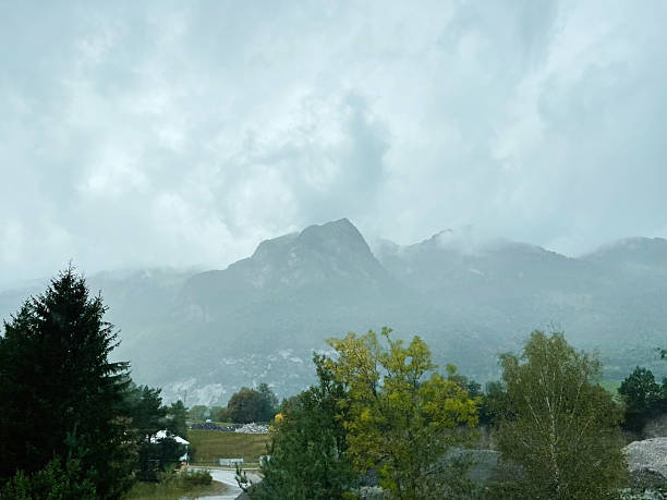 Idyllic mountain scenery in Switzerland with trees, cloudy skies, and misty peaks