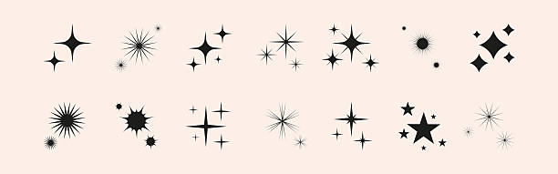 Set of icon glitter sparkle, star and sun shapes. Abstract vector glow, explosion and blink effects for celebrate party design. Twinkle glitter and flash graphic elements. Isolated illustrations