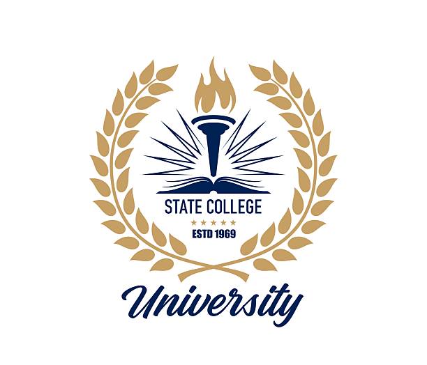 State university, college education icon or emblem. University vector badge, business academy symbol. Academic education icon with laurel wreath, fire torch, open book and handwritten typography