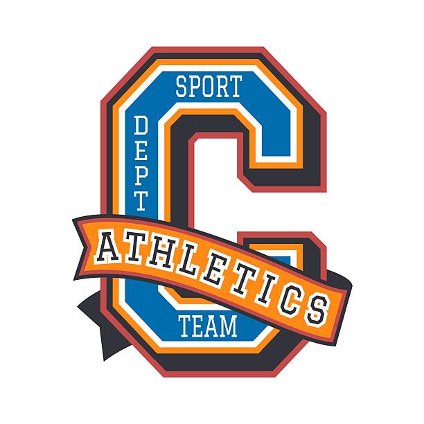 Varsity sport letter C, academy champion patch label. Sport club label vector patch, varsity athletic champion retro symbol sticker. College campus team vintage emblem with retro typography and ribbon