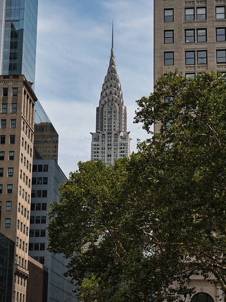 istock Chrysler Building Peeking Through Trees - The iconic Chrysler Building, with its distinctive Art Deco spire, is framed by trees and other surrounding buildings in Midtown Manhattan. 2235889310