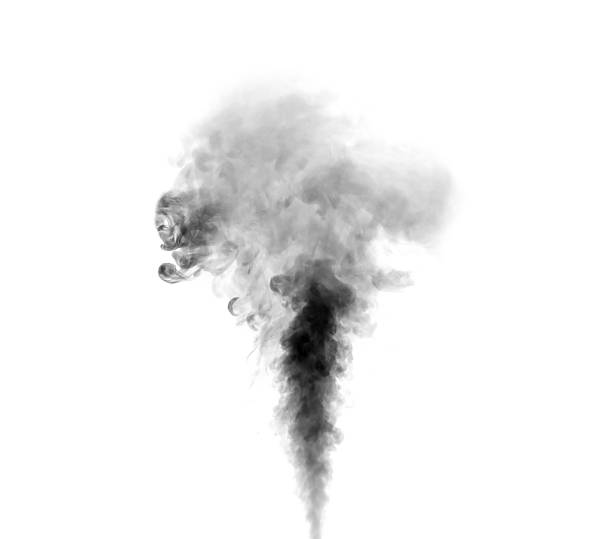 istock Dark black smoke cloud rising and swirling isolated on white background, symbolizing pollution, fire, toxic gas, industrial hazard, danger, burning, environment issues, and dramatic abstract texture. 2235892165