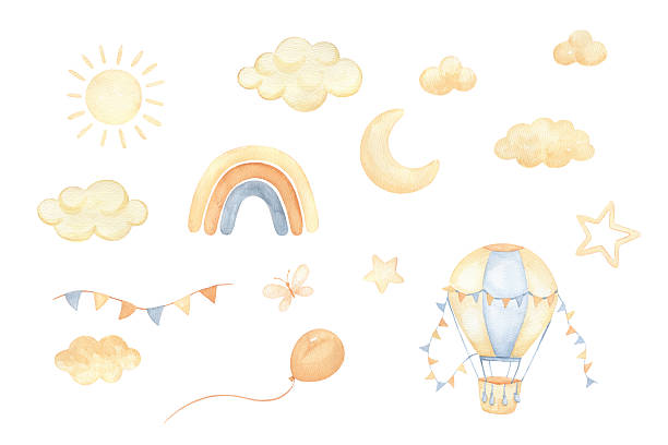 Watercolor hot air balloon with flags garland, rainbow and moon. Hand drawn isolated illustration for children. Cute drawings set, clouds, sun, star