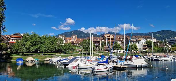 La Tour-de-Peilz, Switzerland - September 2, 2025: View of sailing boats in the marina at the Tour-de-Peilz old port