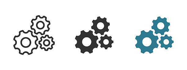 stockillustraties, clipart, cartoons en iconen met gears mechanism icon. three interlocking cogwheels system configuration and optimization vector illustration. technology control and process management symbol. interface and machinery sign. - tandrad