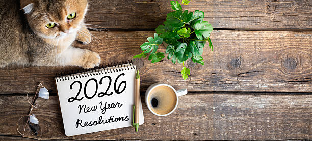 istock New year resolutions 2026 on desk. 2026 resolutions list with notebook, coffee cup, cute cat on table. Goals, resolutions, plan, cozy, hygge concept. New Year 2026 background, copy space 2235910896