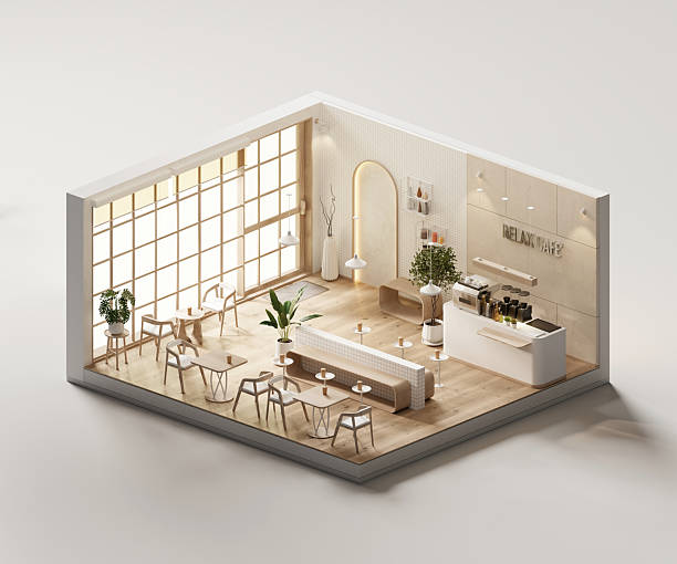 istock Isometric view black and white minimal cafe store interior architecture, 3d rendering digital art. 2235918037