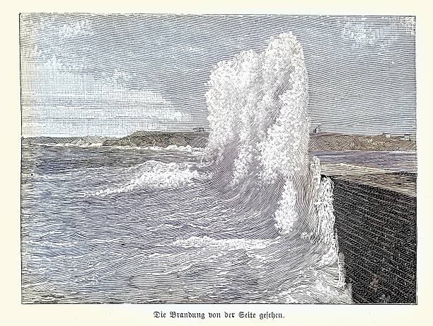 Wave crashing against the Digue de Socoa, which is a massive sea wall built to protect the bay and harbor of Saint-Jean-de-Luz, France Vintage illustration 1890s 19th Century