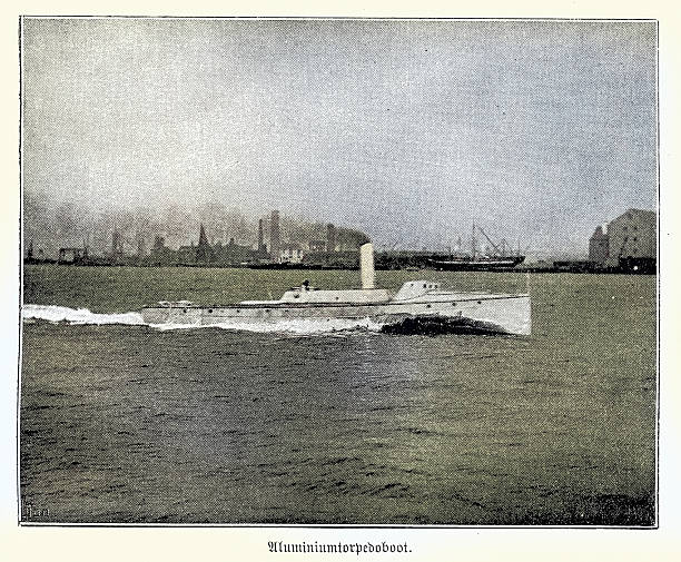 Naval Maritime history, Aluminum torpedo boat, Warship, built by Yarrow & Co had built for the French Navy, La Foudre, Vintage illustration 1890s 19th Century