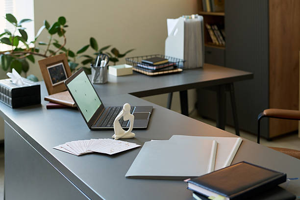 istock Psychologist Office Desk Displaying Laptop Files and Decorative Sculpture 2235924868