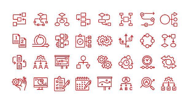 bildbanksillustrationer, clip art samt tecknat material och ikoner med workflow line icon set. group of object. process, progress, steps, planning, strategy, analysis, report, schedule, solution. - organisation