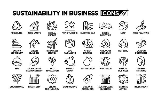 illustrations, cliparts, dessins animés et icônes de durabilité dans le secteur d’activité ensemble d’icônes. groupe d’objets. - affaires finance et industrie