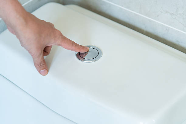 istock Woman hand press and flush toilet 2235926863