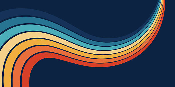 Modern vintage poster with abstract vector design in the form of rainbow stripes on a dark background. Retro-futuristic wavy lines in full color spectrum for poster design, banner templates, retro-mod