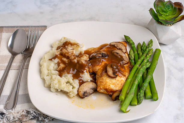 istock chicken breast top with gravy and mushrooms 2235934702