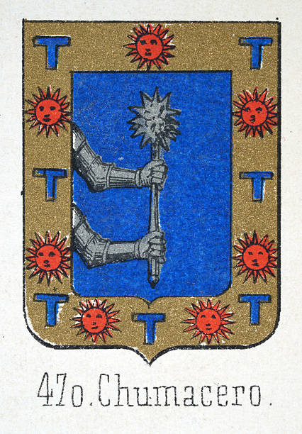 Medieval heraldry, Coat of arms, Shield with, Knight, Arm, Holding, Mace, Spanish, Vintage illustration
