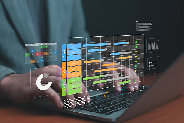 istock Businessman using laptop with digital project management dashboard, showing chart, calendar, and data visualization, symbolizing workflow planning, productivity, scheduling, and business efficiency. 2235938802