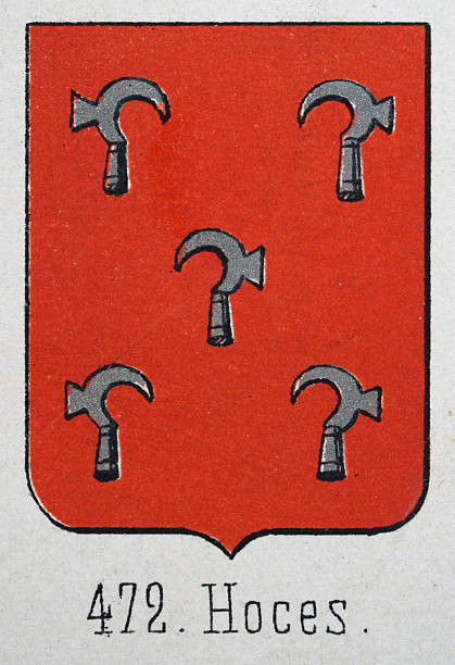 Medieval heraldry, Coat of arms, Shield with, Five, Silver, Sickle, Red, Spanish, Vintage illustration