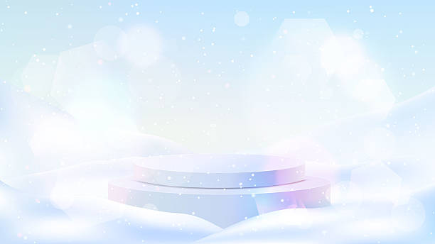 istock Vector illustration. 3D snowy background. Winter season scene with cylindrical podium stage for product promotion. Empty design template for horizontal banner, advert. Blurred white sky wallpaper 2235939405