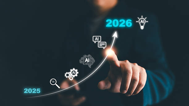istock Businessman pointing at AI growth trend from 2025 to 2026, symbolizing artificial intelligence innovation, technology progress, digital transformation, future business strategy, and data-driven solutions 2235939814