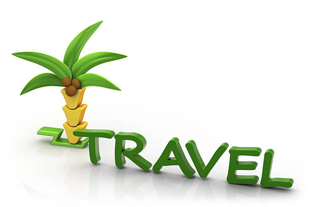 3d render. A creative 3D graphic design showcasing a stylized palm tree symbolizing relaxation, paired with the word travel to promote tourism, summer vacations, and leisure.